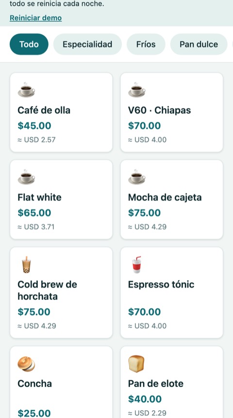 Café POS en un celular: catálogo de la cafetería de demostración con precios en pesos y dólares.